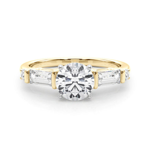 Yellow gold Round Cut Diamond Ring with Baguette Side Stones, Channel Set Band, and Four-Prong Setting