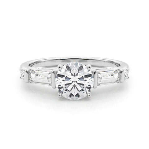 Platinum Round Cut Diamond Ring with Baguette Side Stones, Channel Set Band, and Four-Prong Setting