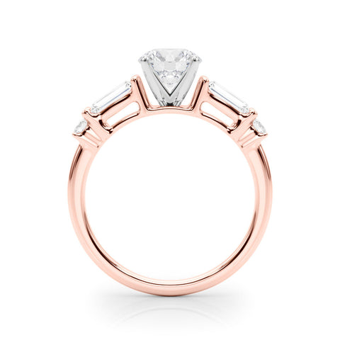 Rose gold Round Cut Diamond Ring with Baguette Side Stones, Channel Set Band, and Four-Prong Setting