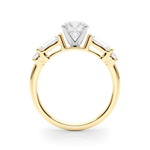 Yellow gold Round Cut Diamond Ring with Baguette Side Stones, Channel Set Band, and Four-Prong Setting