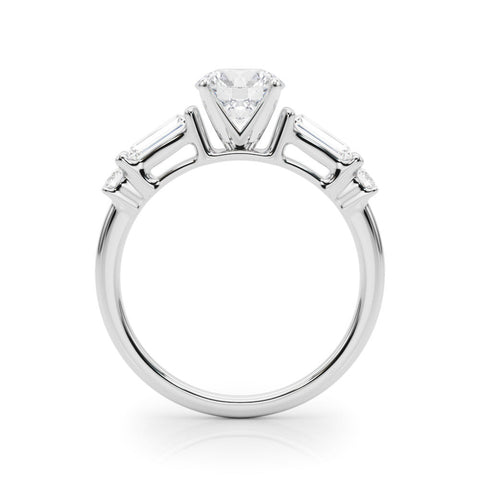 Platinum Round Cut Diamond Ring with Baguette Side Stones, Channel Set Band, and Four-Prong Setting