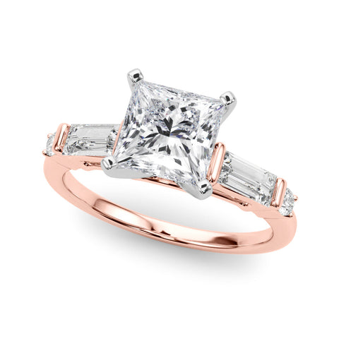 Rose gold Princess Cut Diamond Ring with Baguette Side Stones, Channel Set Band, and Four-Prong Setting