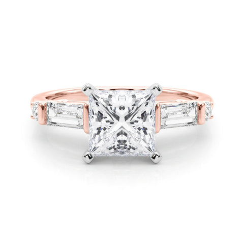 Rose gold Princess Cut Diamond Ring with Baguette Side Stones, Channel Set Band, and Four-Prong Setting