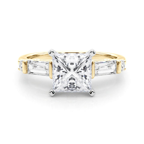 Yellow gold Princess Cut Diamond Ring with Baguette Side Stones, Channel Set Band, and Four-Prong Setting