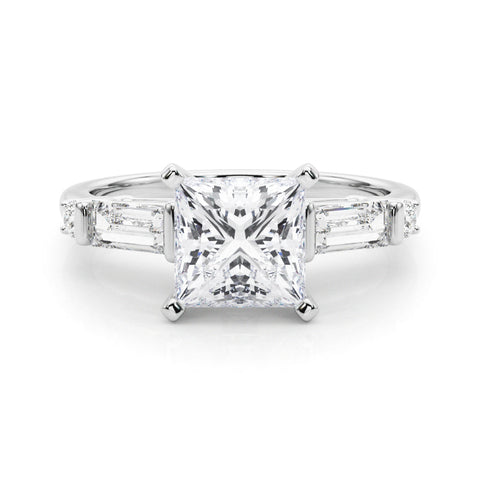 Silver Princess Cut Diamond Ring with Baguette Side Stones, Channel Set Band, and Four-Prong Setting