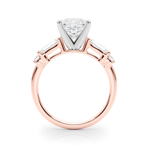 Rose gold Princess Cut Diamond Ring with Baguette Side Stones, Channel Set Band, and Four-Prong Setting
