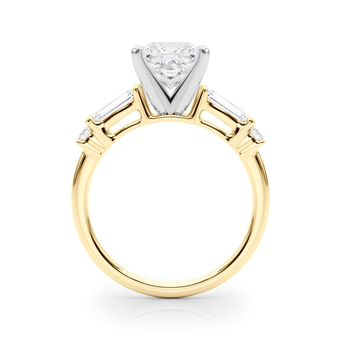 Yellow gold Princess Cut Diamond Ring with Baguette Side Stones, Channel Set Band, and Four-Prong Setting