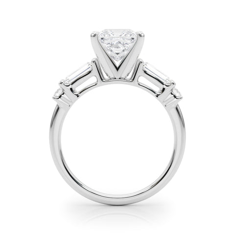 White gold Princess Cut Diamond Ring with Baguette Side Stones, Channel Set Band, and Four-Prong Setting