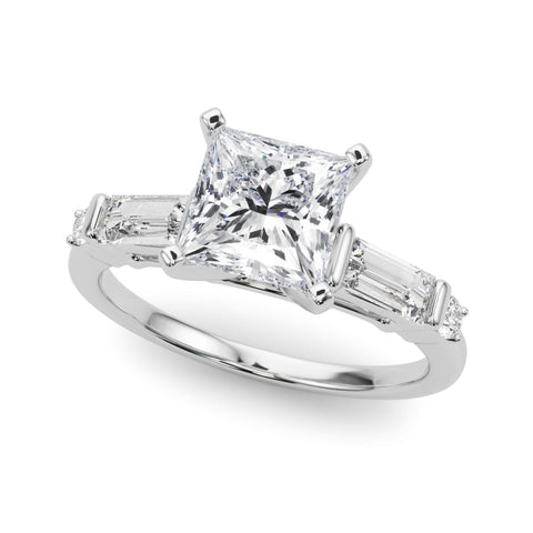 White gold Princess Cut Diamond Ring with Baguette Side Stones, Channel Set Band, and Four-Prong Setting