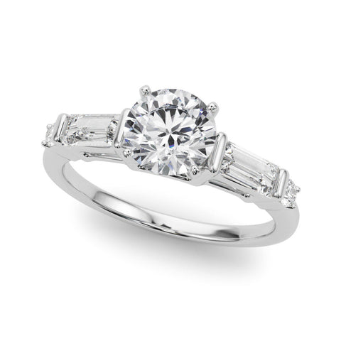 Platinum Round Cut Diamond Ring with Baguette Side Stones, Channel Set Band, and Four-Prong Setting