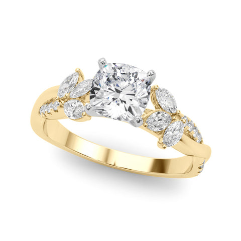 Yellow gold Cushion Diamond Floral Vine Solitaire Engagement Ring