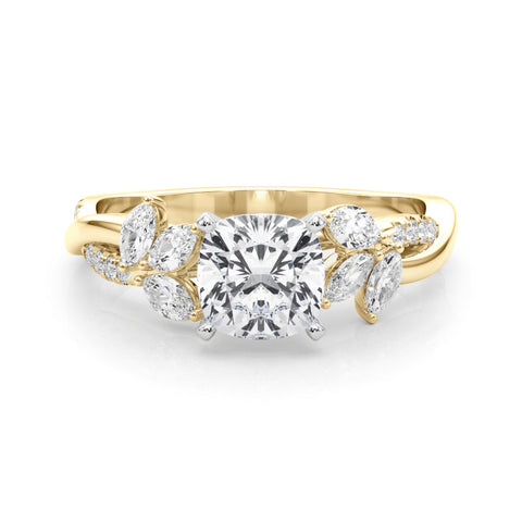 Yellow gold Cushion Diamond Floral Vine Solitaire Engagement Ring