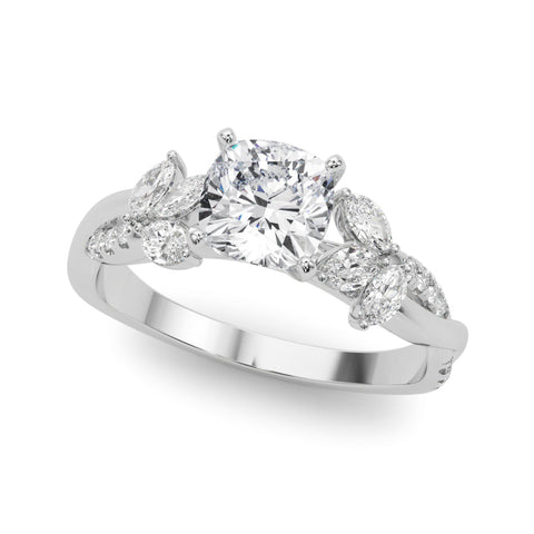 White gold Cushion Diamond Floral Vine Solitaire Engagement Ring