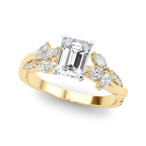 Yellow gold Emerald Diamond Floral Vine Solitaire Engagement Ring