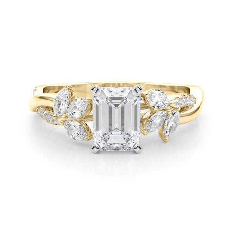 Yellow gold Emerald Diamond Floral Vine Solitaire Engagement Ring