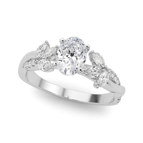 Silver Oval Diamond Floral Vine Solitaire Engagement Ring