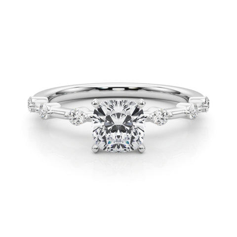 White gold Cushion Solitaire Diamond Ring with Bezel Set Side Stones and Prong Setting