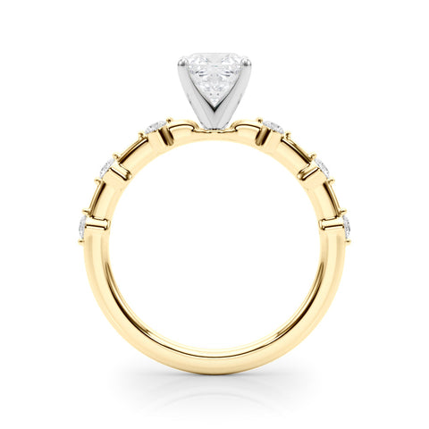 Yellow gold Cushion Solitaire Diamond Ring with Bezel Set Side Stones and Prong Setting