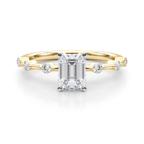 Yellow gold Emerald Solitaire Diamond Ring with Bezel Set Side Stones and Prong Setting
