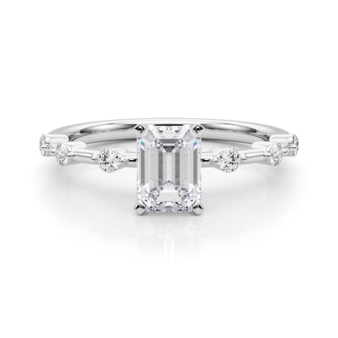 White gold Emerald Solitaire Diamond Ring with Bezel Set Side Stones and Prong Setting