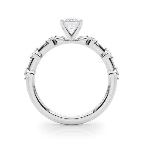 White gold Radiant Solitaire Diamond Ring with Bezel Set Side Stones and Prong Setting