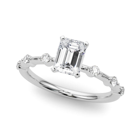 White gold Radiant Solitaire Diamond Ring with Bezel Set Side Stones and Prong Setting
