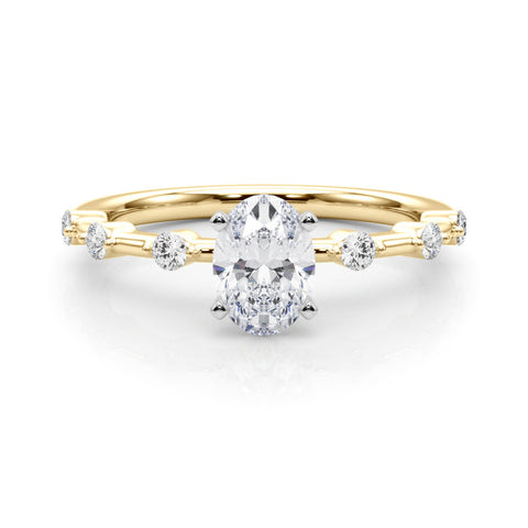 Yellow gold Oval Solitaire Diamond Ring with Bezel Set Side Stones and Prong Setting