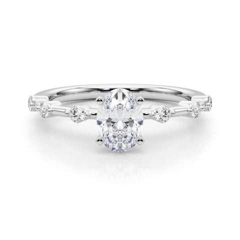 White gold Oval Solitaire Diamond Ring with Bezel Set Side Stones and Prong Setting