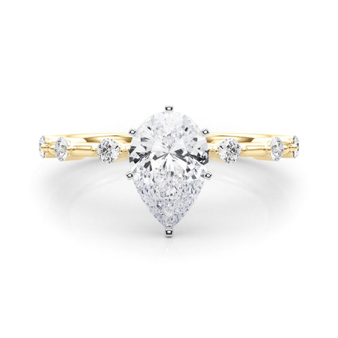 Yellow gold Pear Solitaire Diamond Ring with Bezel Set Side Stones and Prong Setting