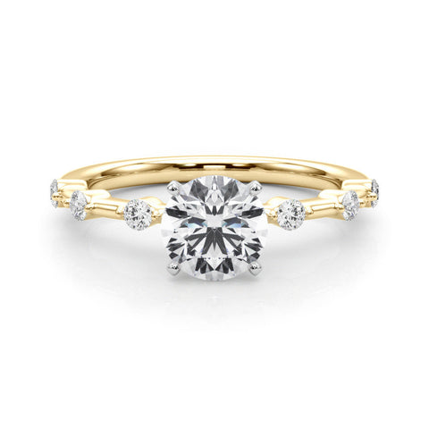 Yellow gold Round Solitaire Diamond Ring with Bezel Set Side Stones and Prong Setting