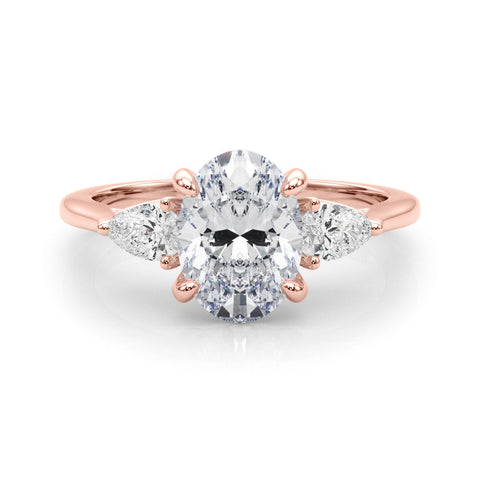 Rose gold Three-Stone Oval Diamond Solitaire Ring with Pear Side Stones and Four-Prong Setting