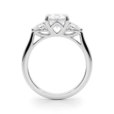 White gold Three-Stone Oval Diamond Solitaire Ring with Pear Side Stones and Four-Prong Setting