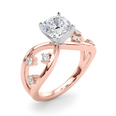 Rose gold Cushion Cut Solitaire Diamond with Side Stones on Criss-Cross Band and Four-Prong Setting