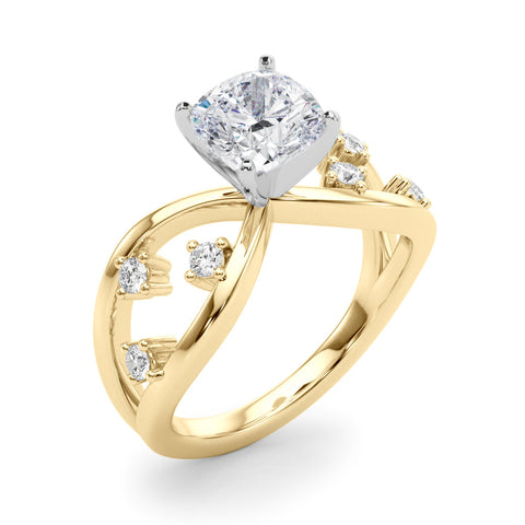 Yellow gold Cushion Cut Solitaire Diamond with Side Stones on Criss-Cross Band and Four-Prong Setting