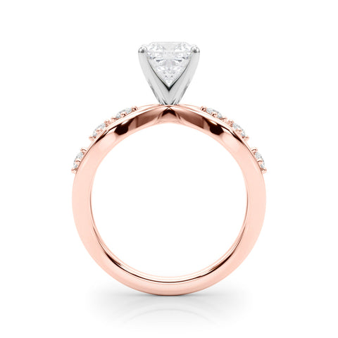 Rose gold Cushion Cut Solitaire Diamond with Side Stones on Criss-Cross Band and Four-Prong Setting