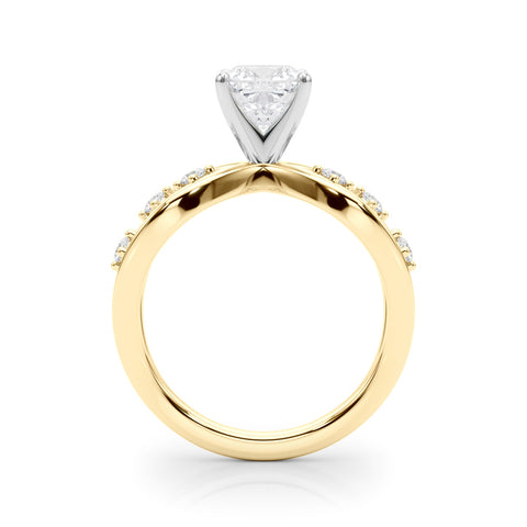 Yellow gold Cushion Cut Solitaire Diamond with Side Stones on Criss-Cross Band and Four-Prong Setting