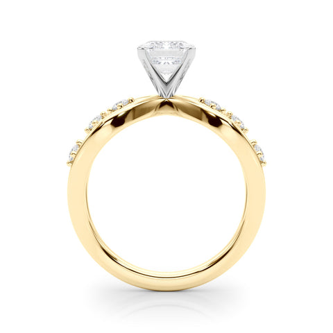 Yellow gold Radiant Cut Solitaire Diamond with Side Stones on Criss-Cross Band and Four-Prong Setting