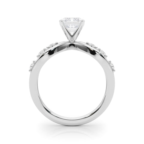 White gold Radiant Cut Solitaire Diamond with Side Stones on Criss-Cross Band and Four-Prong Setting