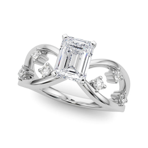 White gold Emerald Cut Solitaire Diamond with Side Stones on Criss-Cross Band and Four-Prong Setting