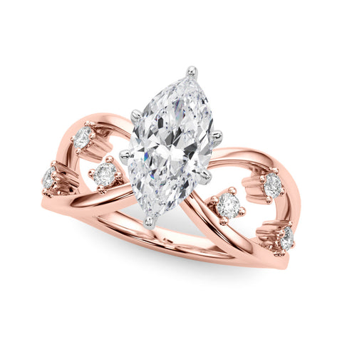 Rose gold Marquise Cut Solitaire Diamond with Side Stones on Criss-Cross Band and Four-Prong Setting