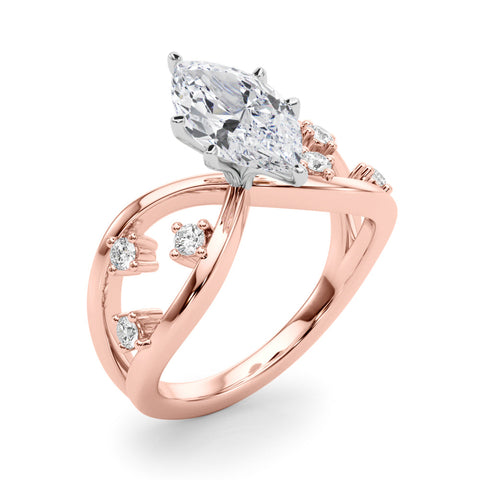 Rose gold Marquise Cut Solitaire Diamond with Side Stones on Criss-Cross Band and Four-Prong Setting
