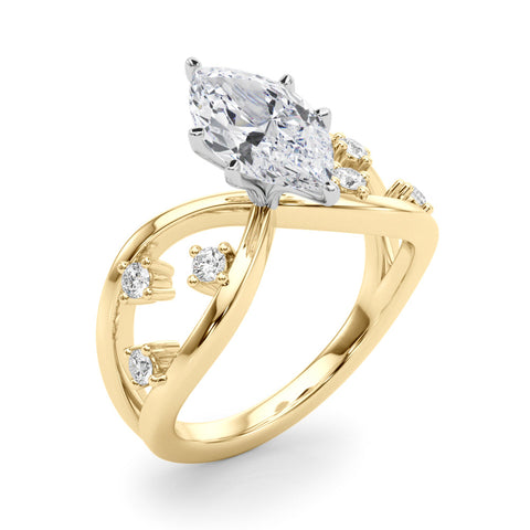 Yellow gold Marquise Cut Solitaire Diamond with Side Stones on Criss-Cross Band and Four-Prong Setting
