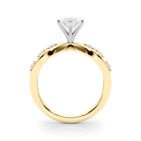 Yellow gold Marquise Cut Solitaire Diamond with Side Stones on Criss-Cross Band and Four-Prong Setting