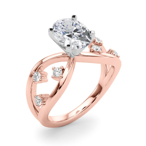 Rose gold Oval Cut Solitaire Diamond with Side Stones on Criss-Cross Band and Four-Prong Setting