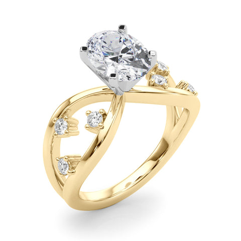 Yellow gold Oval Cut Solitaire Diamond with Side Stones on Criss-Cross Band and Four-Prong Setting