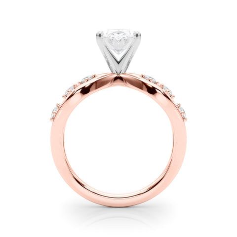 Rose gold Oval Cut Solitaire Diamond with Side Stones on Criss-Cross Band and Four-Prong Setting