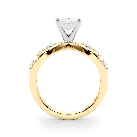 Yellow gold Oval Cut Solitaire Diamond with Side Stones on Criss-Cross Band and Four-Prong Setting