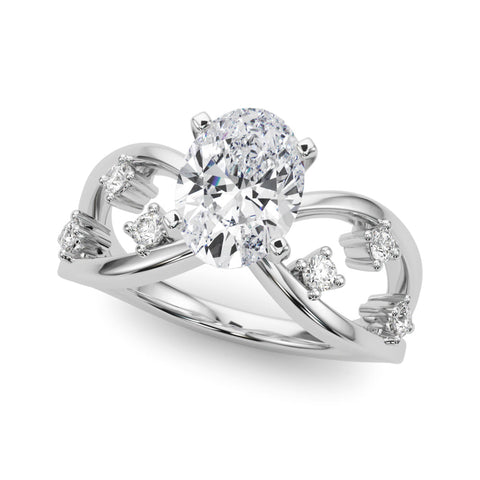White gold Oval Cut Solitaire Diamond with Side Stones on Criss-Cross Band and Four-Prong Setting