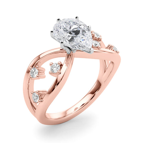 Rose gold Pear Cut Solitaire Diamond with Side Stones on Criss-Cross Band and Four-Prong Setting