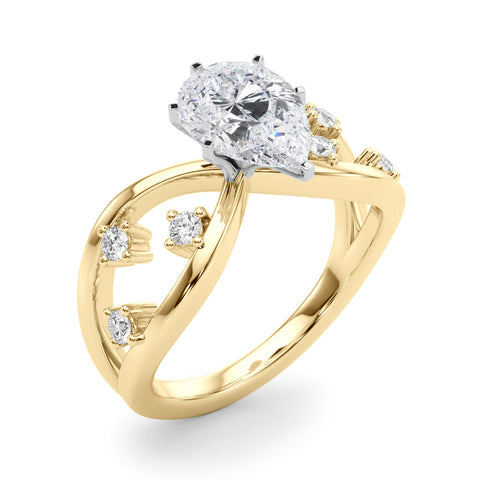 Yellow gold Pear Cut Solitaire Diamond with Side Stones on Criss-Cross Band and Four-Prong Setting